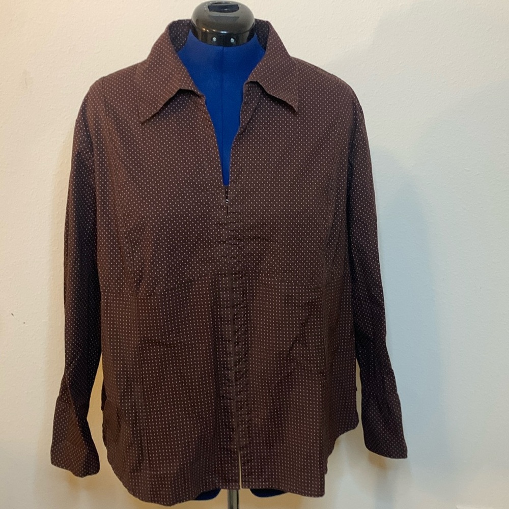 cato blouse collar v next hidden hook closure brown pink polka dots size 22 24W